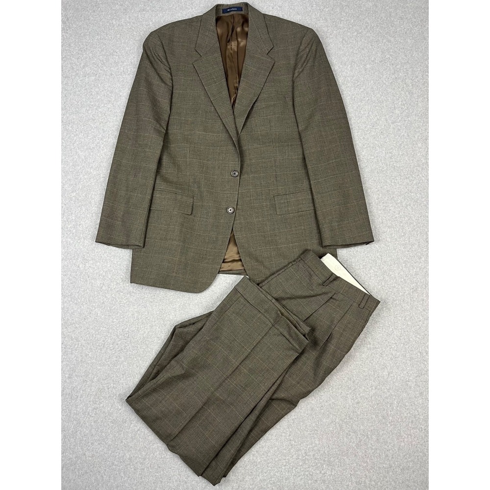 Vtg Chaps Ralph Lauren Suit Men 44T Blazer 2 Button Brown Plaid Wool Pants 36x32